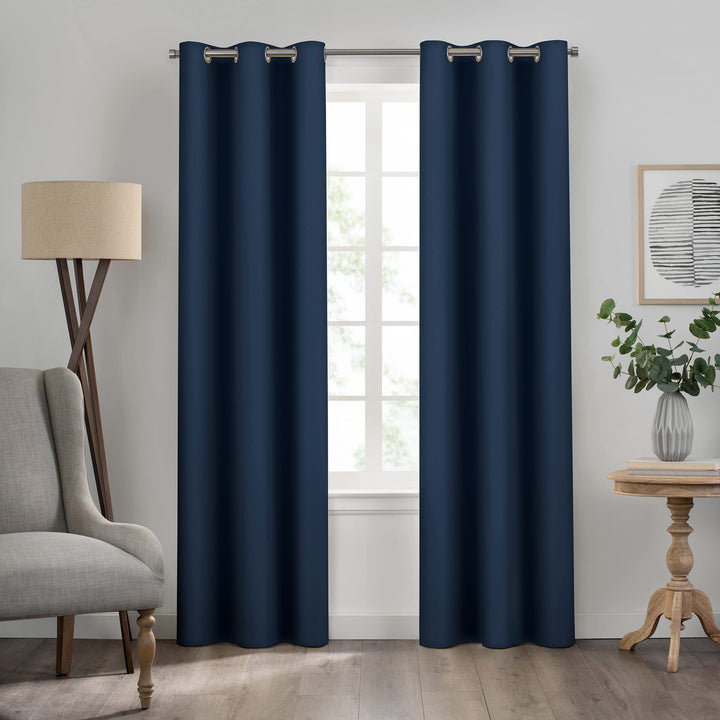 Eclipse Kendall Solid Textured Blackout Thermal Insulated Lining Grommet Window Curtain for Bedroom (1 Panel), 42 in x 63 in, Denim