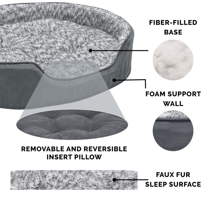 Furhaven Dog Bed for Small Dogs w/ Removable Washable Cover & Pillow Cushion Insert, For Dogs Up to 12 lbs - Two-Tone Faux Fur & Suede Oval Lounger - Gray, Small Oval (Fiber-Filled Base) 19.0"L x 15.0"W x 5.5"Th Two Tone Gray