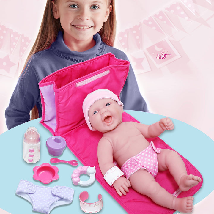 10 Piece Deluxe Diaper Bag Gift Set | Feat. 13" Realistic Smiling Baby Newborn Doll | La Newborn - JC Toys | All Vinyl | Washable | Ages 2+, Pink Pink Diaper Changing