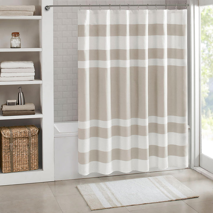 Madison Park Shower Curtain, Waffle Weave, Pieced Design Fabric Shower Curtain with 3M Scotchgard Moisture Management, Premium Spa Quality Modern Shower Curtains for Bathroom, Tall 72"x84" Taupe 72"W x 84"L (Pack of 1)