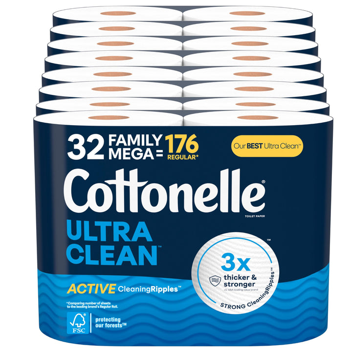 Cottonelle Ultra Clean Toilet Paper with Active CleaningRipples Texture, 24 Family Mega Rolls (24 Family Mega Rolls = 132 Regular Rolls) (4 Packs of 6), 353 Sheets Per Roll, Packaging May Vary 353 sheet (Pack of 24)