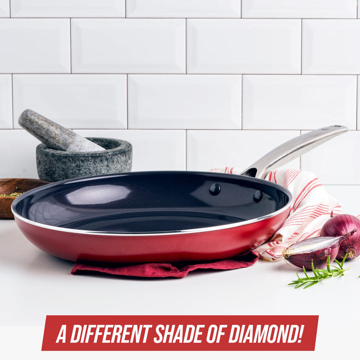 Blue Diamond Cookware Diamond Infused Ceramic Nonstick, 8" Frying Pan Skillet, PFAS-Free, Dishwasher Safe, Oven Safe, Red Non-Induction