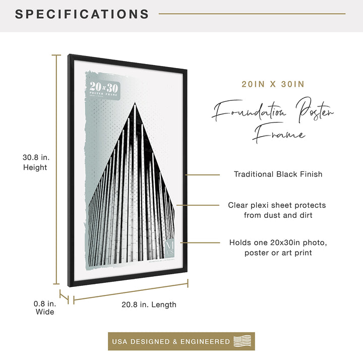 MCS Foundation 20x27 Poster Frame Traditional Black, Vertical & Horizontal Wall Hanging Large Picture Frame for Photos, Posters & Art Prints (1-Pack) Single