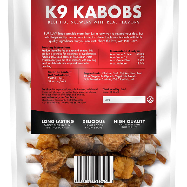 Dog Treats, K9 Kabobs for Dogs Made with Real Chicken and Duck, 12 Ounces, Healthy, Easily Digestible, Long-Lasting, High Protein Dog Treat, Satisfies Dog's Urge to Chew Chicken / Duck Kabob