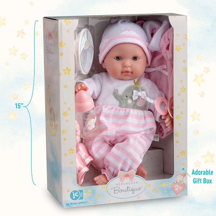 15" Realistic Soft Body Baby Doll with Open/Close Eyes | JC Toys - Berenguer Boutique | 10 Piece Gift Set with Bottle, Rattle, Pacifier & Accessories | Pink | Ages 2+ Pink Gift Set