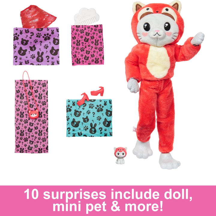 Barbie Cutie Reveal Doll & Accessories with Animal Plush Costume & 10 Surprises Including Color Change, Kitten as Red Panda in Costume- Themed Series Kitty/Red Panda