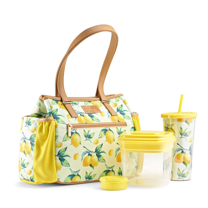 Fit & Fresh Lunch Bag For Women, Insulated Womens Lunch Bag For Work, Stain-Resistant, Lightweight, Large Lunch Box For Women With Salad Container and Matching Tumbler, Zipper, Copley Lunch Kit,Lemons Bag with containers Yellow