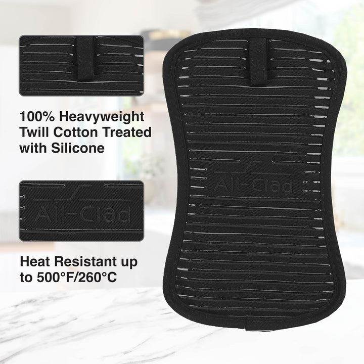 All-Clad Premium Pot Holder & Heating Pad, (2-Pack) Heat Resistant to 500 Degrees, 100% Cotton 10"x6.25" for Kitchen and Barbeque, Black 2 Pack