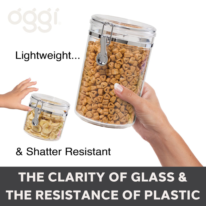 OGGI Medium-Sized Clear Canister with Clamp Lid, 59 oz - Large Airtight Food Storage Container, for Kitchen & Pantry Storage of Bulk, Dry Foods, Pasta, Flour, Sugar, Coffee, Rice, Tea, Spices & Herbs