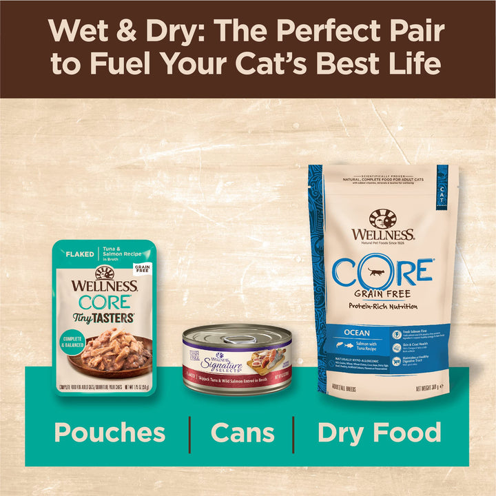 Wellness CORE Tiny Tasters Wet Cat Food, Complete & Balanced Natural Pet Food, Made with Real Meat, 1.75-Ounce Pouch, 12 Pack (Adult Cat, Flaked Tuna & Salmon in Gravy) Adult Cat 1.75 Ounce (Pack of 12)