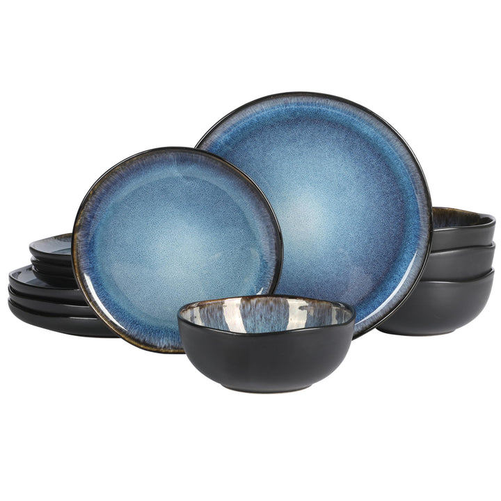 Gibson Soho Lounge Square Reactive Glaze Stoneware Dinnerware Set, Service for 4 (16pc), Sapphire Service for 4 (16pcs)