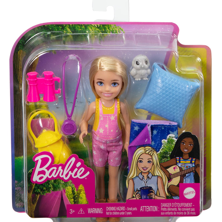 Barbie Doll & Accessories, It Takes Two Camping Playset with Owl, Sleeping Bag & Accessories, Blonde Chelsea Small Doll