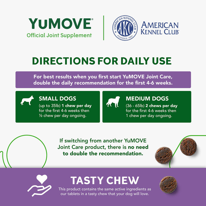 YuMOVE Daily Chews | Hip and Joint Supplement for Small & Medium Dogs with Glucosamine, Hyaluronic Acid, Green Lipped Mussel | 60 Chews - 1 Month's Supply