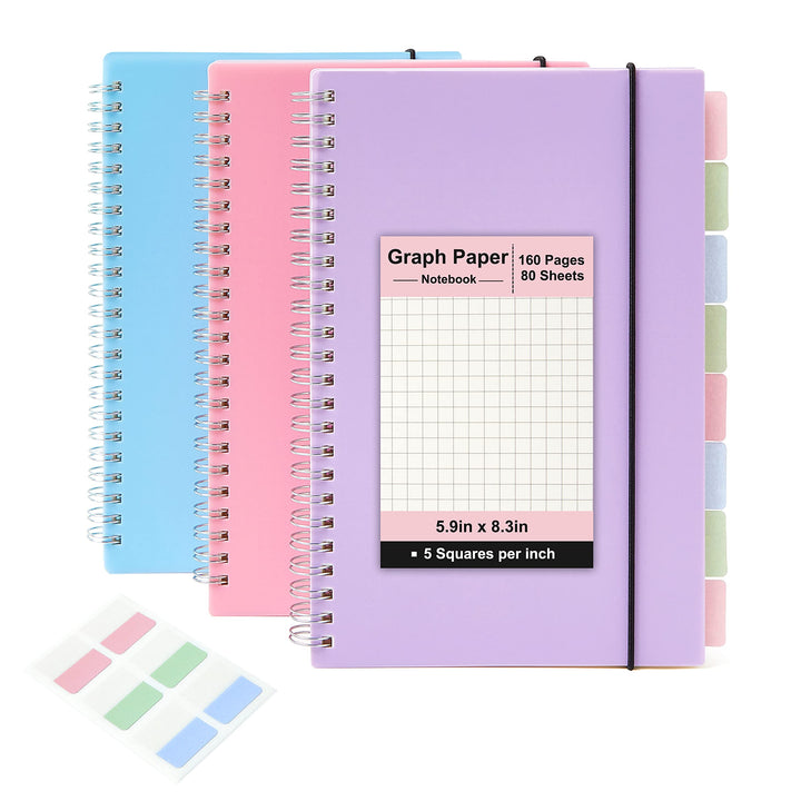 3 Pack Spiral Notebook, A5 Square Journal Notebook 5.8" x 8.3", 100GSM 5x5mm Square Grid, 80 Sheets/160 Pages, Grid Spiral Notebooks Journals for Writing, Sketch Book A5 (5.9" x 8.3") Squared