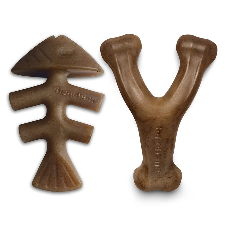 Benebone 2-pack Fishbone/Wishbone Durable Dog Chew Toys, Real Fish, Real Bacon, Made in USA, Small