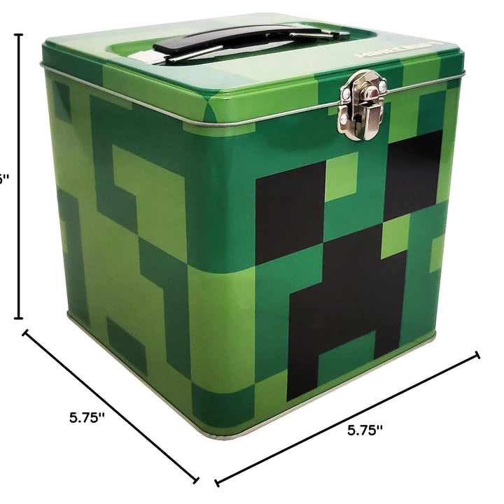 The Tin Box Company Minecraft Stack Store and Carry Tin. Stackable Tin Box with Handle,Green, Storage Box, 5.75" Height, Clasp and Hinge on Lid