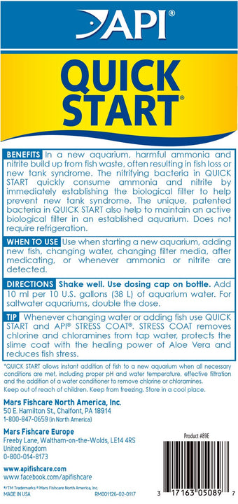 API Aquarium Starter Bundle Pack: One (1) API Quick Start 16 oz., one (1) API Stress Coat 16 oz., one (1) API Aquarium Salt 16 oz. 16-Ounce Starter bundle (3-pack) Nitrifying Bacteria