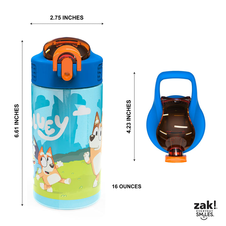 Zak Designs Bluey Kids Durable Plastic Spout Cover and Built-in Carrying Loop, Leak-Proof Water Design for Travel, (16oz, 2pc Set), Bluey Bottle 2pk 2 Count (Pack of 1)