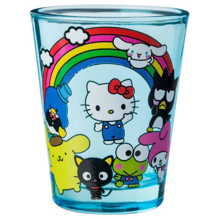 Silver Buffalo Sanrio Hello Kitty and Friends Featuring My Melody, Keroppi, Chococat, Pompompurin, Tuxedo Sam, Cinnamoroll, and Badtz-Maru 4 Pack Mini Glass Set, 1.5 Ounces Sanrio Group Shot