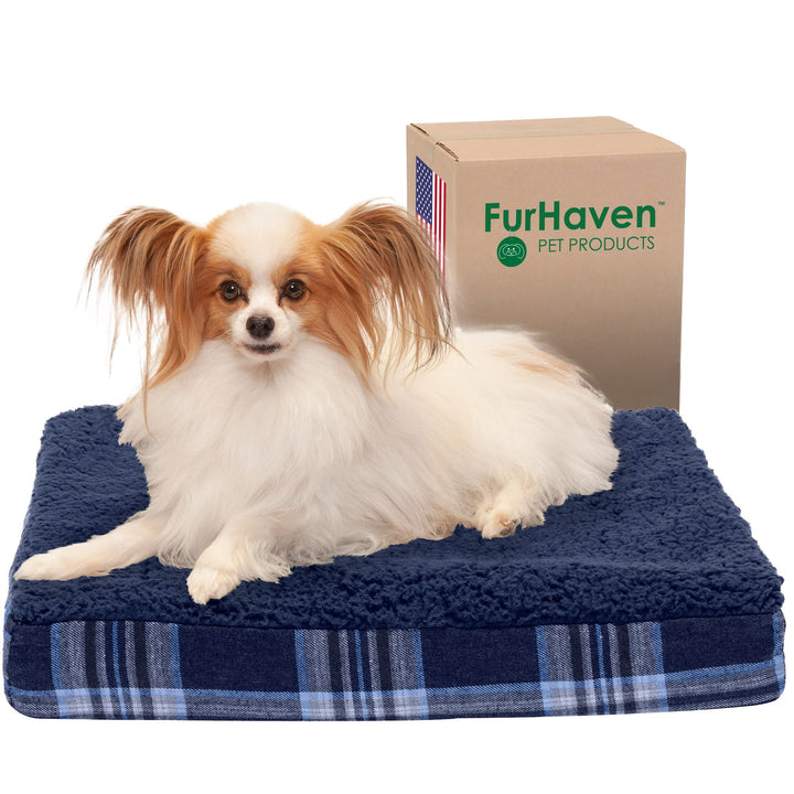 Furhaven Orthopedic Dog Bed for Small Dogs w/ Removable Washable Cover, For Dogs Up to 20 lbs - Sherpa & Plaid Flannel Deluxe Mattress - Midnight Blue, Small