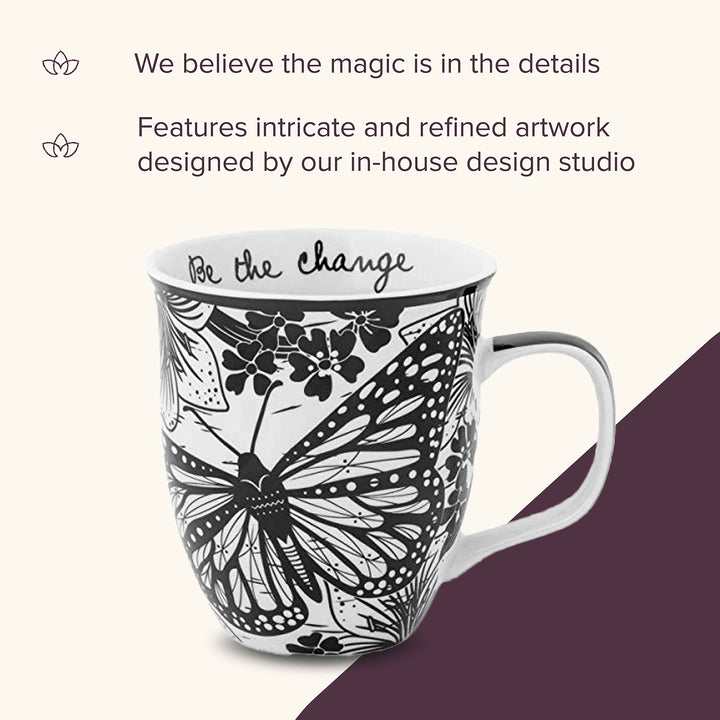 Karma Gifts 16 oz Black and White Boho Mug Butterfly - Cute Coffee and Tea Mug - Ceramic Coffee Mugs for Women and Men 1 Count (Pack of 1)