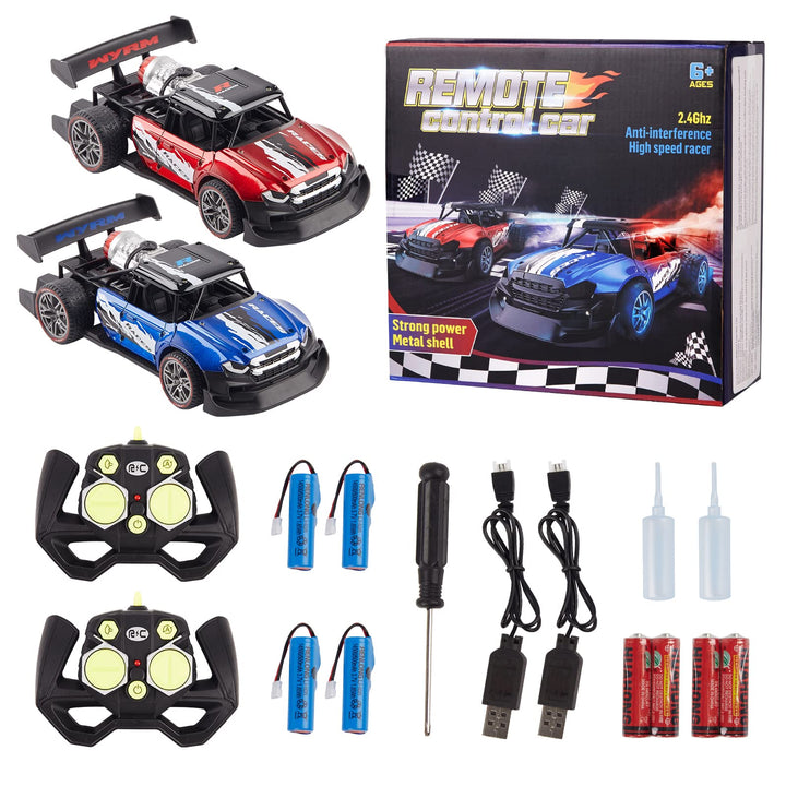 2 Pack Remote Control Drift Car with Spray and Light, Fog Mist Sport Racing Cars, 2.4GHZ 4WD High Speed Off Road Truck, Toy Vehicle for Adults Kids Boys Girls, Blue and Red