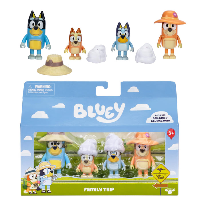 Bluey Figure 4-Packs, Family Trip, 2.5 Inch Poseable Figures of Bluey, Bingo, Bandit and Chilli, with Accessories, Kids Can Recreate Their Favorite Moments from The Bluey TV Show