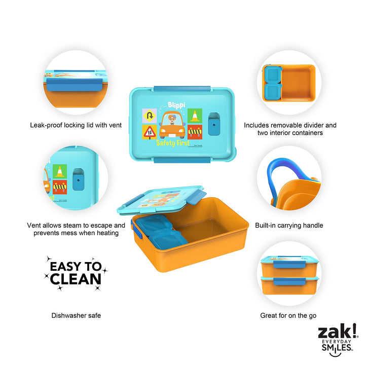 Zak Designs Blippi Reusable Plastic Bento Box with Leak-Proof Seal, Carrying Handle, Microwave Steam Vent, and Individual Containers for Kids' Packed Lunch (3-Piece Set)