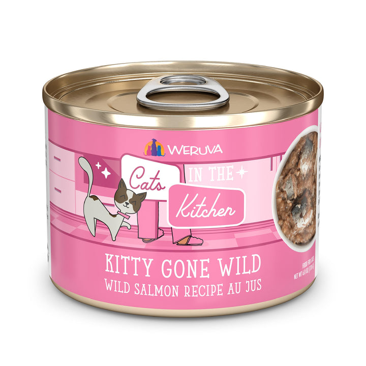 Weruva Cats in The Kitchen, Kitty Gone Wild with Wild Salmon Au Jus Cat Food, 3.2oz Can (Pack of 24) 3.2 Ounce (Pack of 24)