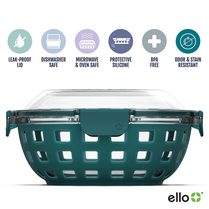 Ello DuraGlass Food Storage Glass Lunch Bowl Container - Meal Prep Container with Silicone Sleeve and Airtight Lid, 5 Cup, Teal