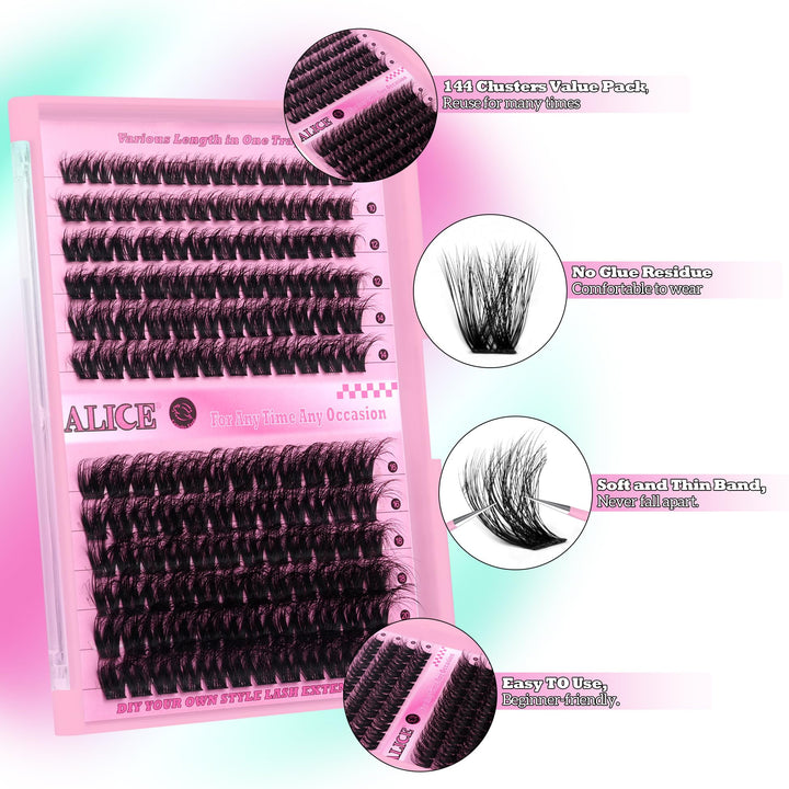 ALICE Lash Extension Kit Fluffy Volume Cluster Lashes Wispy 8-20MM D Curl Individual Lashes Eyelash Clusters Kit Lash Glue Bond and Seal Tweezers Diy Eyelash Extension Kit Self Application at Home