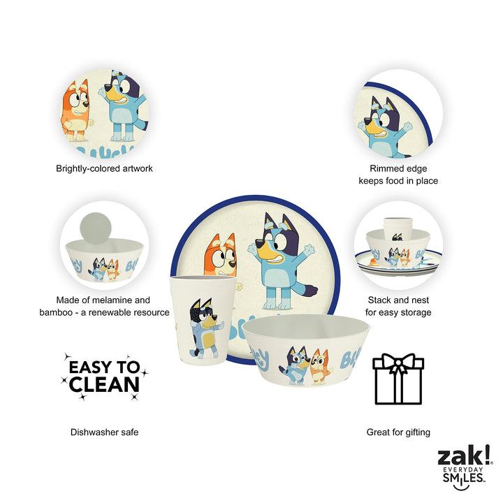 Zak Designs Bluey Kids Dinnerware Set 3 Pieces, Durable and Sustainable Melamine Bamboo Plate, Bowl, and Tumbler are Perfect For Dinner Time With Family (Bluey, Bingo, Bandit, Chilli) 8" Plate, 6" Bowl, 10oz Tumbler