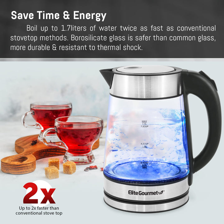 Elite Gourmet EKT1001 Electric 1.0L BPA-Free 1100W Glass Kettle Cordless 360° Base, Stylish Blue LED Interior, Handy Auto Shut-Off Function – Quickly Boil Water For Tea & More, Black 1.1 Quarts