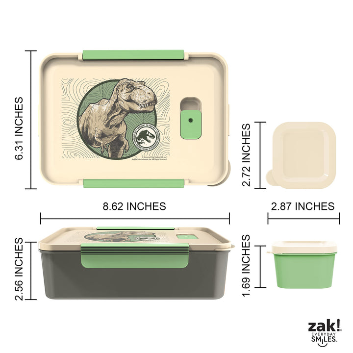 Zak Designs Jurassic World Dominion Reusable Plastic Bento Box with Leak-Proof Seal, Carrying Handle, Microwave Steam Vent, and Individual Containers for Kids' Packed Lunch (3-Piece Set)