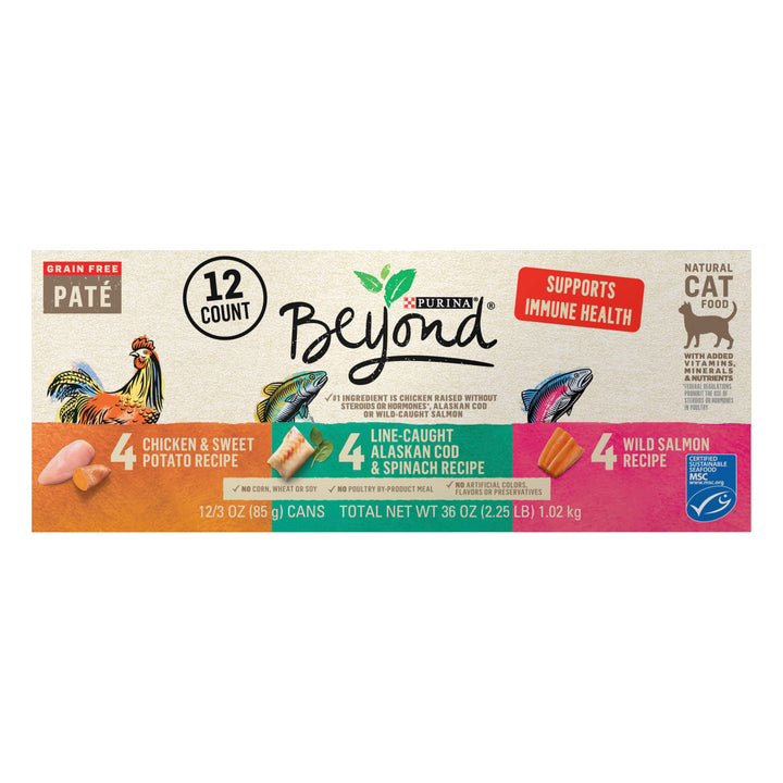 Purina Beyond Grain Free, Natural Pate Wet Cat Food, Grain Free Pate Variety Pack - (2 Packs of 12) 3 oz. Cans 2.25 Pound (Pack of 2) Variety Pack – Chicken & Seafood Pate – 3 Flavors