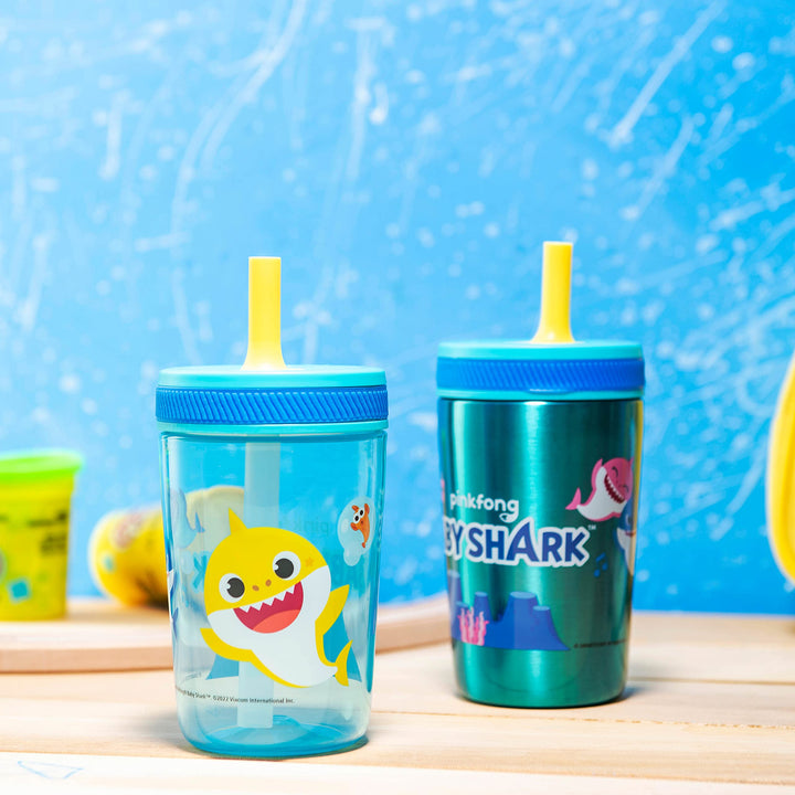 Zak Designs Baby Shark Kelso Tumbler Set, Leak-Proof Screw-On Lid with Straw, Bundle for Kids Includes Plastic and Stainless Steel Cups with Bonus Sipper (3pc Set, Non-BPA)15 fl oz. Classic