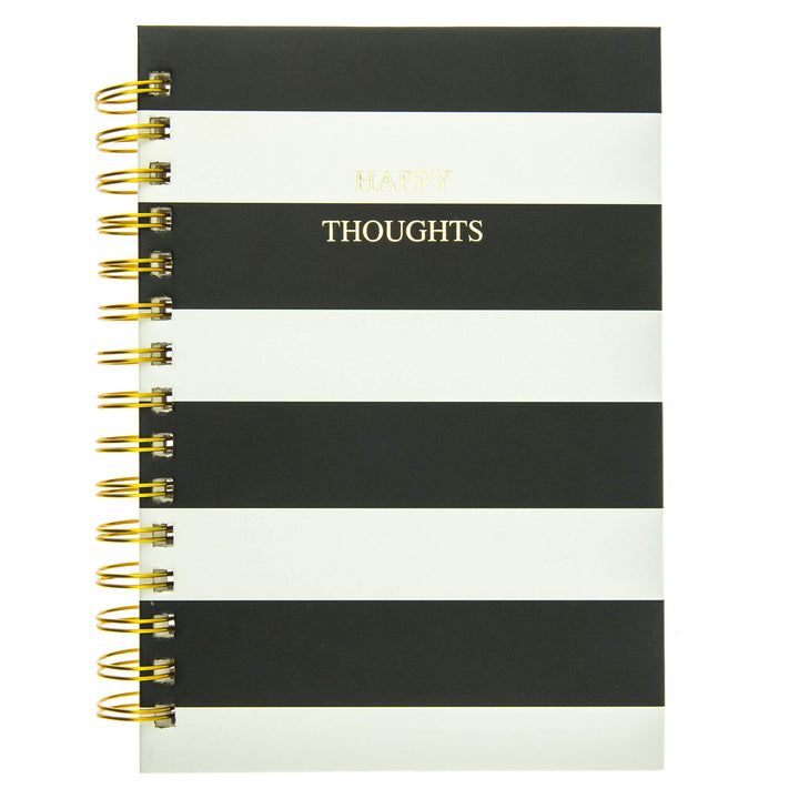 Graphique Classic Charm Hard Cover Journal w/ Elegant Black and White Stripes & "Happy Thoughts" in Embellished Gold Foil Across the Cover, 160 Ruled Pages, 6.25" x 8.25" x 1"