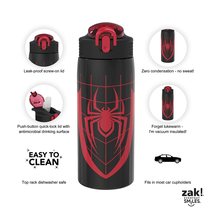 Zak Designs Marvel Spider-Man Water Bottle for Travel and At Home, 19 oz Vacuum Insulated Stainless Steel with Locking Spout Cover, Built-In Carrying Loop, Leak-Proof Design (Miles Morales)