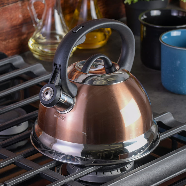 Mr. Coffee Flintshire Stainless Steel Whistling Tea Kettle W/Nylon Handle, 1.75-Quart, Copper