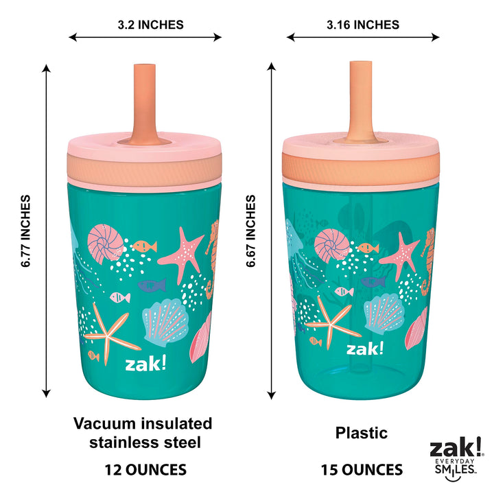 Zak Designs Shells Kelso Tumbler Set, Leak-Proof Screw-On Lid with Straw, Bundle for Kids Includes Plastic and Stainless Steel Cups with Bonus Sipper (3pc Set, Non-BPA) 15 fl.oz. Classic