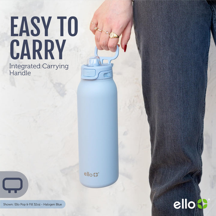 Ello Pop & Fill Stainless Steel Water Bottle with QuickFill Technology | Double Walled Vacuum Insulated Metal | Leak Proof Locking Lid | Sip and Chug | Reusable BPA Free | 22oz, 32oz Pistachio