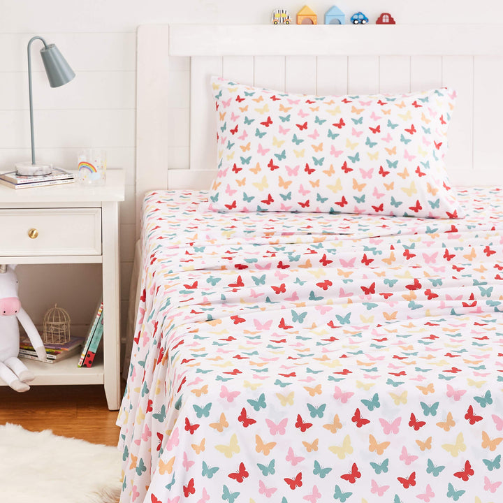 Basics Kid's Butterfly Friends Soft Easy-Wash Microfiber 3-Piece Sheet Set, Twin, Multi-Color Butterflies, Printed