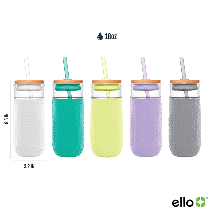 Ello Devon Glass Tumbler with Splash Proof Wooden Lid and Straw, Protective No Sweat Silicone Sleeve, Perfect for Smoothies and Iced Coffee, BPA Free, Dishwasher Safe, White, 18oz