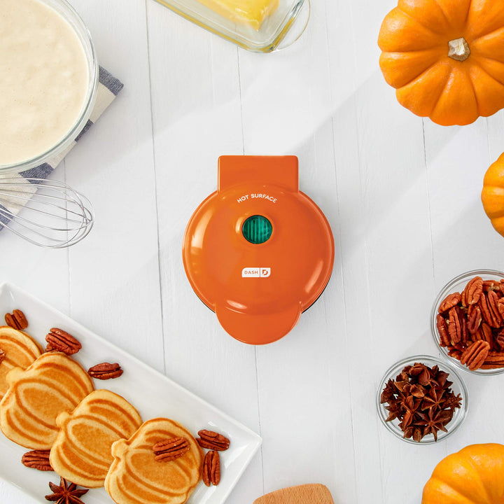 DASH DMWP001OR Mini Maker for Individual Waffles, Hash Browns, Keto Chaffles with Easy to Clean, Non-Stick Surfaces, 4 Inch, Orange Pumpkin Waffle Maker