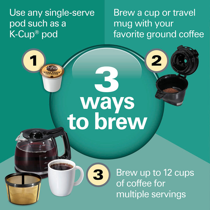 Hamilton Beach FlexBrew Trio 2-Way Coffee Maker, Compatible with K-Cup Pods or Grounds, Combo, Single Serve & Full 12c Pot, Black - Fast Brewing (49902) Black, Fast Brewing, Removable Reservoir