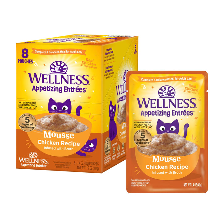 Wellness® Appetizing Entrées™ Mousse Chicken Recipe Infused with Broth Natural Wet Cat Food, 1.4 oz Pouch (Pack of 8) Chicken Mousse 1.4 Ounce (Pack of 8)