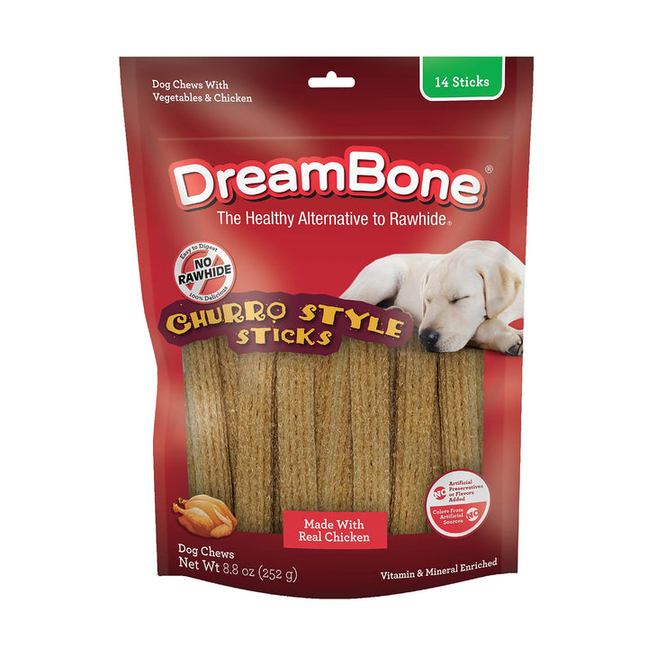 Dreambone Churro-Style Sticks 14 Count, Made with Real Chicken, Rawhide-Free Chews for Dogs