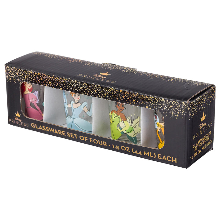 Silver Buffalo Disney Princess Icon Sparkle Line Up 4-Pack Mini Glass Set, 1.5 Ounces