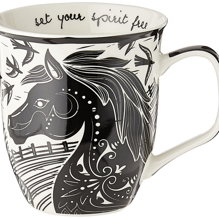 Karma Gifts 16 oz Black and White Boho Mug Horse - Cute Coffee and Tea Mug - Ceramic Coffee Mugs for Women and Men