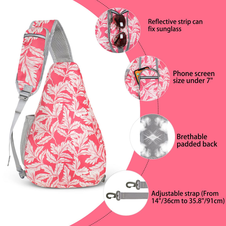 ZOMAKE Sling Bag for Women Men:Small Crossbody Sling Backpack - Mini Water Resistant Shoulder Bag Anti Thief Chest Bag Daypack for Travel Hiking Outdoor Sports (Fushcia White Leaf) Large Fushcia White Leaf